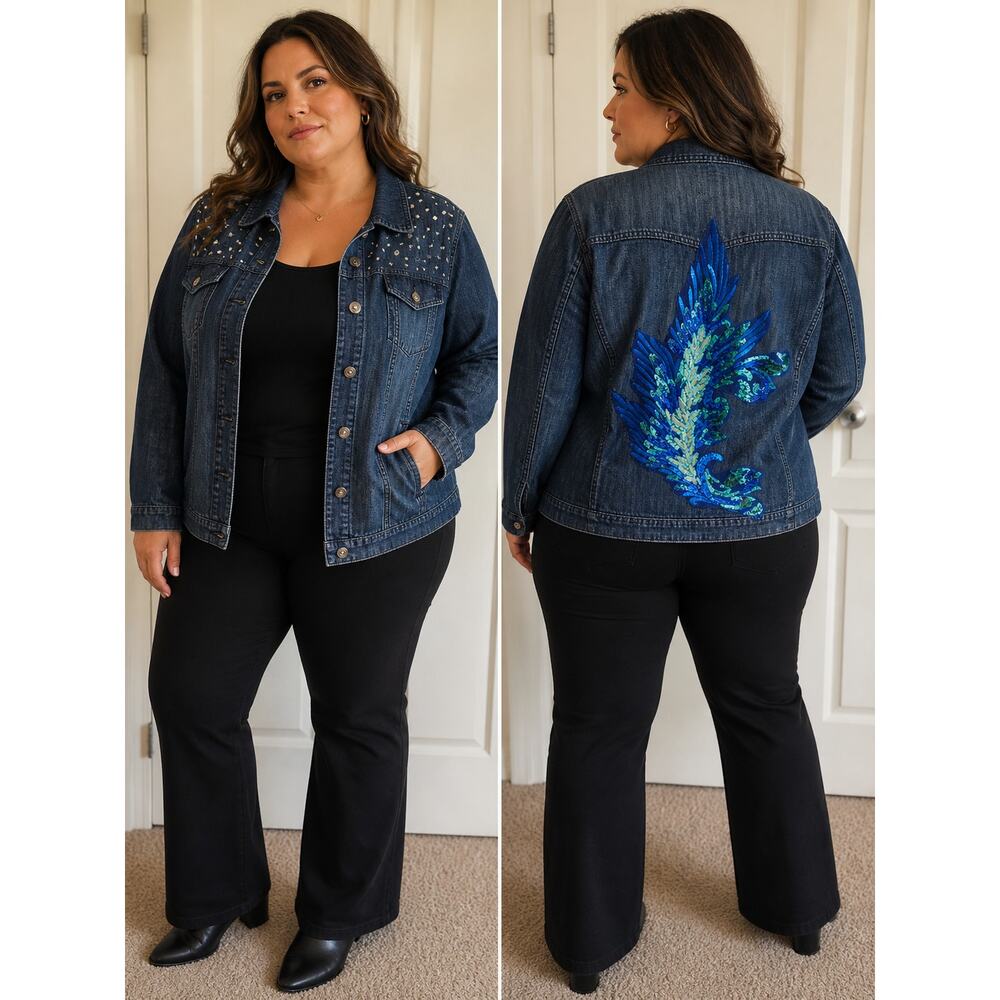 CB Christopher Banks XL Denim Jacket Custom Sequin Fleur De Lis Rhinestone Bling